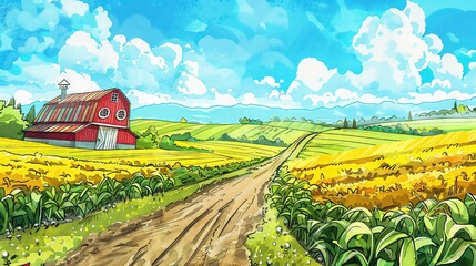 A backdrop background featuring a farm with a touch of whimsy