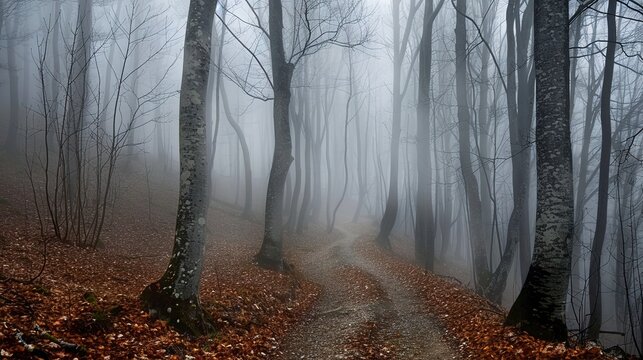 Misty Forests: Images capturing forests shrouded in mist or fog, emphasizing mystery and depth. 