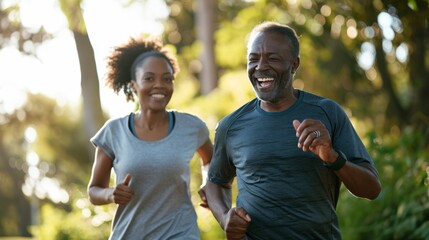 An african american couple of middle aged adults running in the morning, healthy lifestyle jogging, happy run