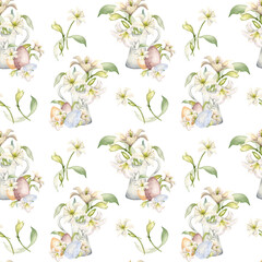 White lilies in ceramic jug watercolor isolated on white. White flower botanical in pitcher seamless pattern hand drawn. Lily bunch Christian symbol. Design for Easter, textile, wrapping paper
