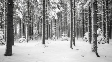 Forest in Snow: Highlighting the stark beauty of forests under a blanket of snow, focusing on contrast and texture.