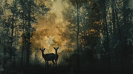 Abstract Wildlife: Silhouettes or partial views of wildlife in the forest, blending into the abstract theme. 