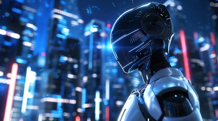 A futuristic character in a full bodied pose within a high tech, digital cityscape