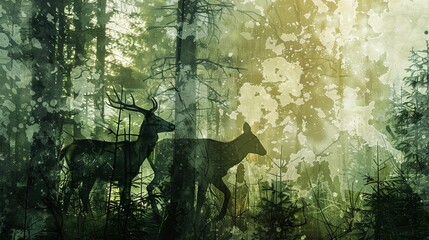 Abstract Wildlife: Silhouettes or partial views of wildlife in the forest, blending into the abstract theme. 