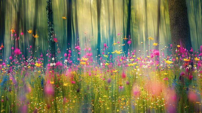 Wildflower Meadows with Forest: Scenes where the forest meets vibrant wildflower meadows, blending the two into an abstract landscape. 