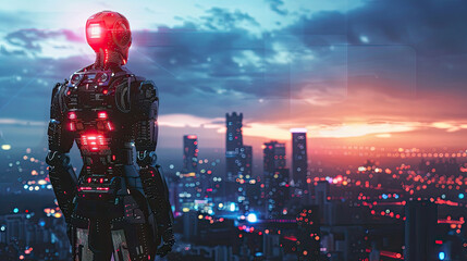 Artificial Intelligence Robot standing tall amidst a futuristic cityscape defending against cyber attacks with force fields 3D Render Silhouette lighting HDR - obrazy, fototapety, plakaty