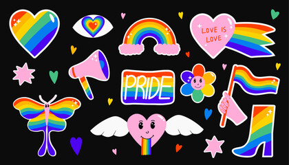 LGBTQ+ Pride month concept vector illustration stickers set in cartoon groovy funky style, LGBT, rainbow flag, heart, love, flower, butterfly elements collection for social media design, web banners