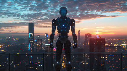 Artificial Intelligence Robot standing tall amidst a futuristic cityscape defending against cyber attacks with force fields 3D Render Silhouette lighting HDR - obrazy, fototapety, plakaty