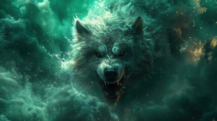 Mythical Monster Version. Fenrir, Giant Wolf of Norse Mythology, Bound by Unbreakable Chains, Its Roars Shaking the Earth as It Awaits the Coming Twilight of the Gods.