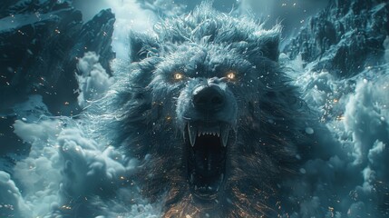 Mythical Monster Version. Fenrir, Giant Wolf of Norse Mythology, Bound by Unbreakable Chains, Its Roars Shaking the Earth as It Awaits the Coming Twilight of the Gods. - obrazy, fototapety, plakaty