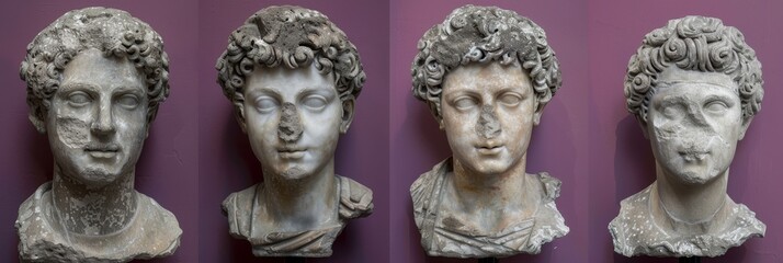 Obraz premium Classical ancient marble gypsum stoic, roman, greek bust, busts head sculpture against a colored background representing historical figures 