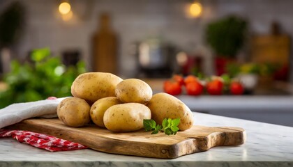 A selection of fresh vegetable: potatoes, sitting on a chopping board against blurred kitchen background; copy space - obrazy, fototapety, plakaty