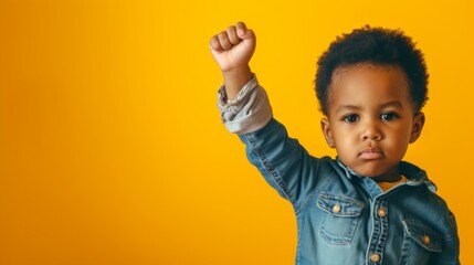 Black baby, kid with fist raised, black history month concept, african american boy, copyspace, blank space for text, inclusivity and diversity, protest