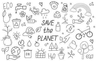 Save the planet. Eco friendly doodle icons set. Recycling, solar power, wind power, bicycle, tree, sprout. Green concept.