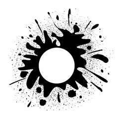 Round rough frame. Dirty splashes of artist ink. Ink paint splatters in drops, blots and dry brush marks. Vector illustration