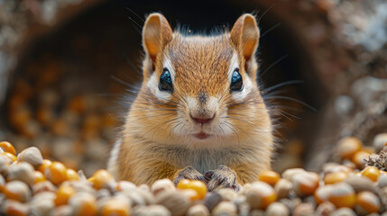 Eastern Chipmunk Popping Out of a Burrow, Its Cheeks Stuffed with Seeds and Nuts.