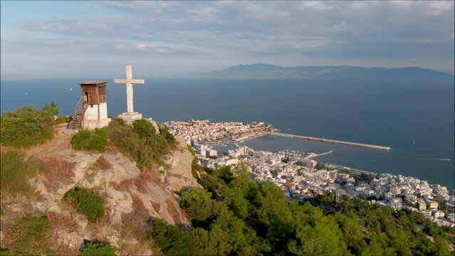 Kavala Greece Aerial Point of Interest Shot, Old Town Castle and Port Reveal 
