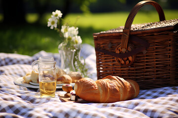 Summer Picnic with Croissant and Flowers, Outdoor Leisure, Casual Country Lunch with Copy Space