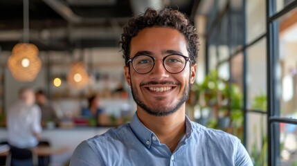 Close-up portrait of a successful young Egyptian man in standing office. Smiling male entrepreneur with eyeglasses standing at startup looking at camera.