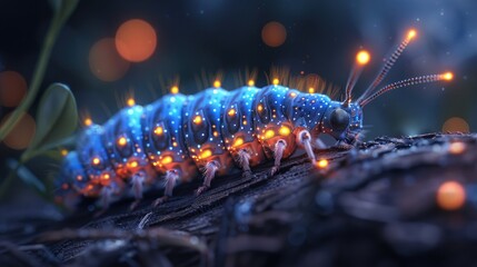 Caterpillar Exploring a Dark Cave, Illuminated by the Glowing Light of Bioluminescent Fungi.