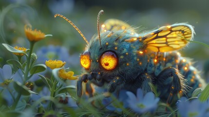 Caterpillar Navigating Through a Field of Wildflowers, Each Petal Glowing with Ethereal Light.