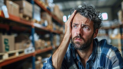 Tired worker holding his head in pain while working in a distribution warehouse