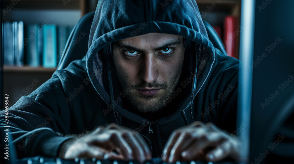 Poster professional hacker or cyber security expert working on computer