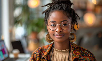Obraz premium Joyful Black Woman in Tech, Working on Laptop in Innovative Workspace - Empowered IT Pro Coding Project