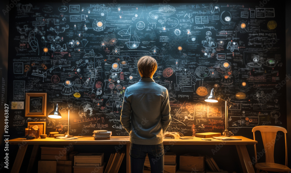 Aufkleber man brainstorming problem solutions on chalkboard, creative thinking process in science and educatio