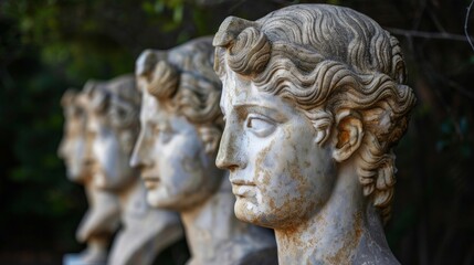 Classical ancient marble gypsum stoic, roman, greek bust, busts head sculpture against a colored background representing historical figures 