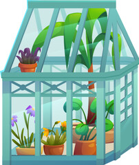 Plant in glass greenhouse garden isometric vector. Green glasshouse for agriculture nursery. Organic flower home with pot. Biotechnology equipment for palm seedling and cultivation cartoon design. - obrazy, fototapety, plakaty