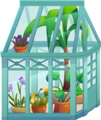 Zelfklevend Fotobehang Plant in glass greenhouse garden isometric vector. Green glasshouse for agriculture nursery. Organic flower home with pot. Biotechnology equipment for palm seedling and cultivation cartoon design. © klyaksun