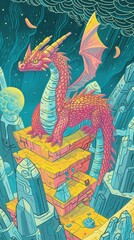A pet dragon perched atop a random, glowing crystal, guarding mystical secrets