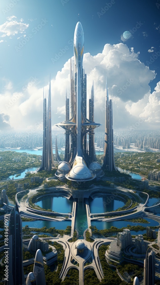 Aufkleber Generative AI An awe-inspiring metropolis characterized by innovative urban planning, futuristic architecture, and an extensive network of smart technologies
