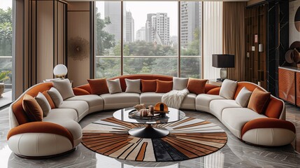 Modern Living Room with Curved Sofa and City View