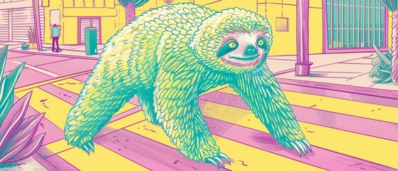 A sloths leisurely journey across a random, bustling crosswalk, slow and steady in the fast lane
