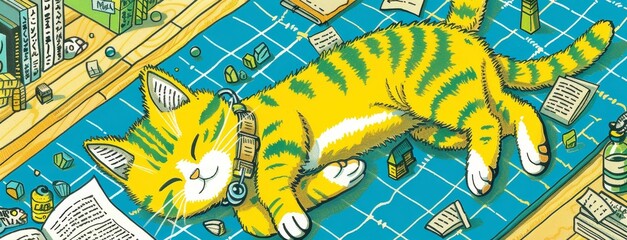 Obraz premium A sleepy kitten curled up with a random, ancient spell book, magic and dreams