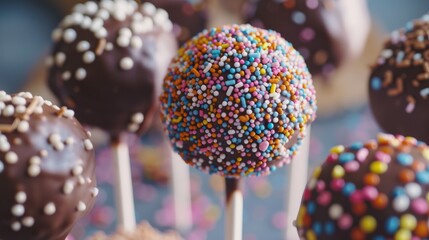 Delicious cake pops decorated with frosting chocolate and sprinkles - obrazy, fototapety, plakaty