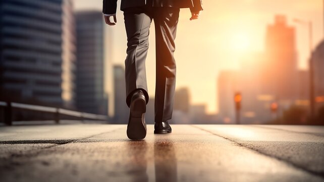 Businessman walking on the road at sunset. - Powered by Adobe