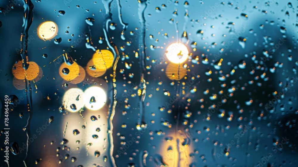 Poster rain drops are trickling down a window with street lights in the background. the blurred lights crea