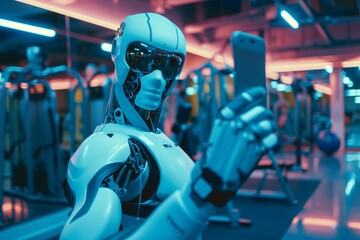Robot checking phone in neon-lit gym - obrazy, fototapety, plakaty