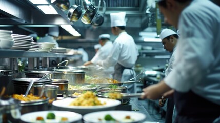 Professional chefs in white uniforms are intensely preparing and plating dishes in the fast-paced...