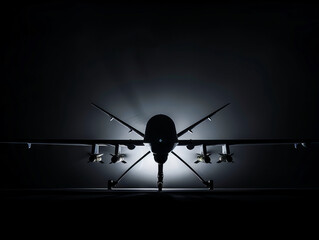 A black and white image of a drone in the dark.
