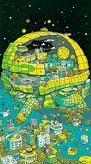 Obraz premium A tortoise carrying a random, miniature world on its shell, a slowmoving cosmos