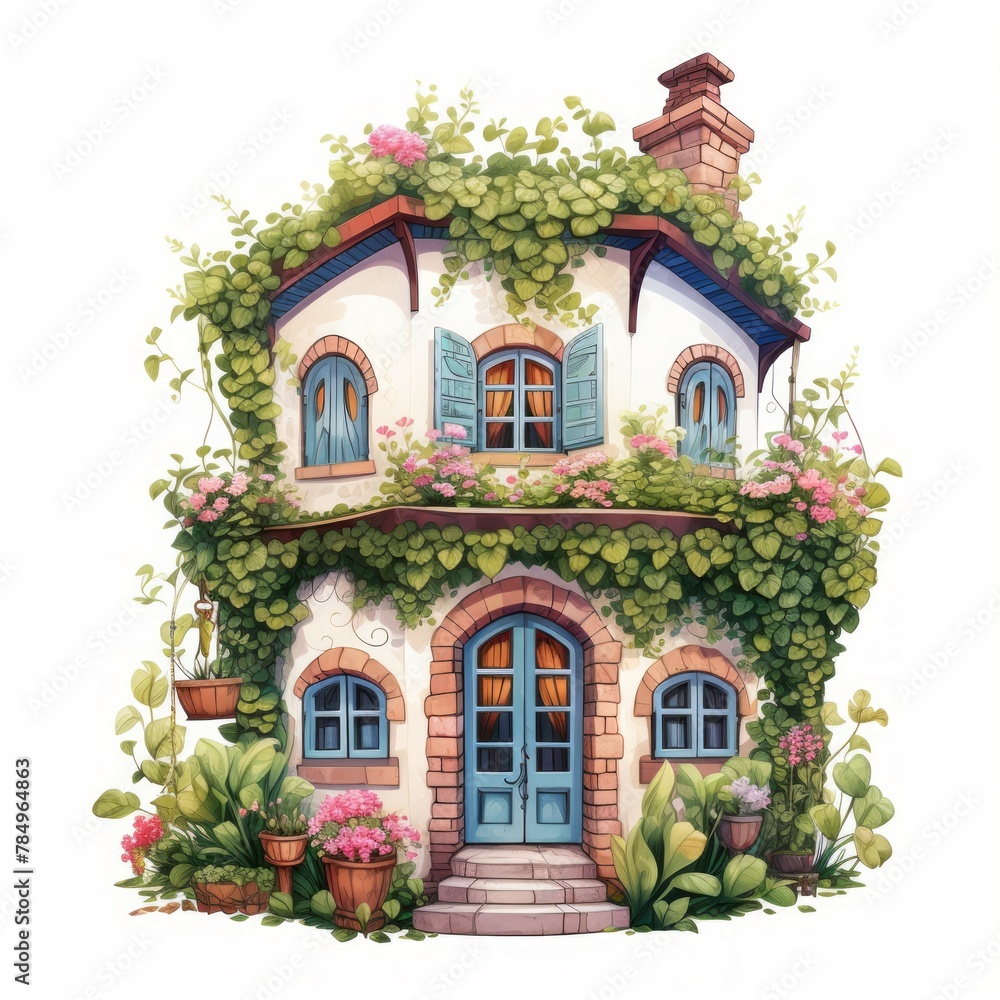 Poster Generative AI A fairytale abode featuring a vibrant rooftop garden and quaint window boxes.