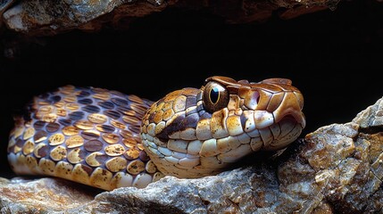 Monocled Cobra Emerging from a Burrow, Its Serrated Scales Glinting in the Dappled Light