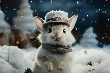 A white baby bunny in a top hat, performing magic tricks on a snowy white stage.