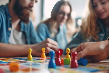 Adults engage in play with a colorful board game, fostering a sense of nostalgia and fun.