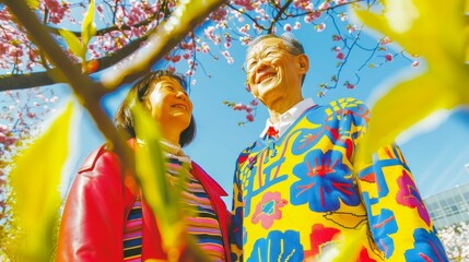 An elderly couple renewing their vows in a random, blooming cherry blossom grove