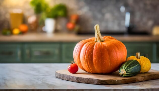 A selection of fresh vegetable: pumpkin, sitting on a chopping board against blurred kitchen background; copy spaceGenerated image